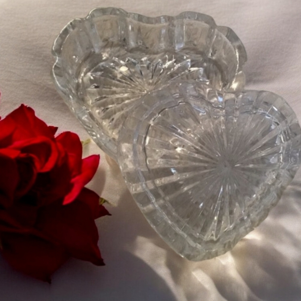 Vintage Crystal Heart Trinket  box With Top no chips no cracks